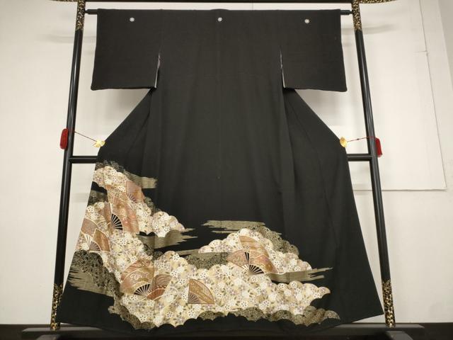 平和屋着物■豪華黒留袖 扇面花文 金彩 正絹 逸品 AAAZ6892st