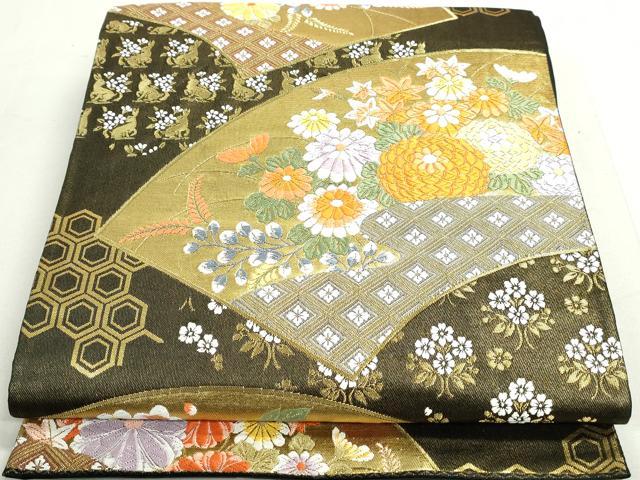 平和屋着物◎六通柄袋帯 唐織 四季扇面 兎 黒地 金銀糸 正絹 逸品 DAAY4696qa