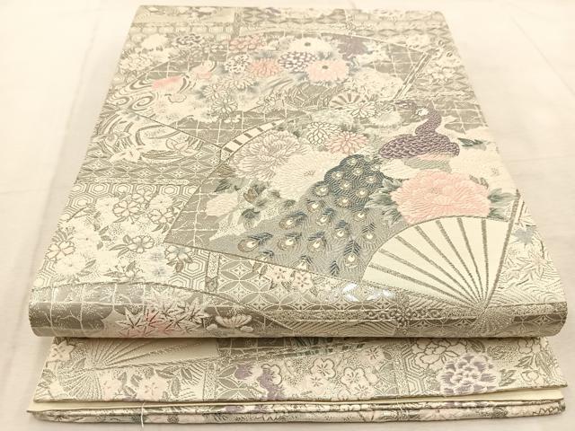 平和屋着物◎六通柄袋帯　唐織　扇面孔雀文　九百プラチナ箔　正絹　逸品　BAAU9346yc