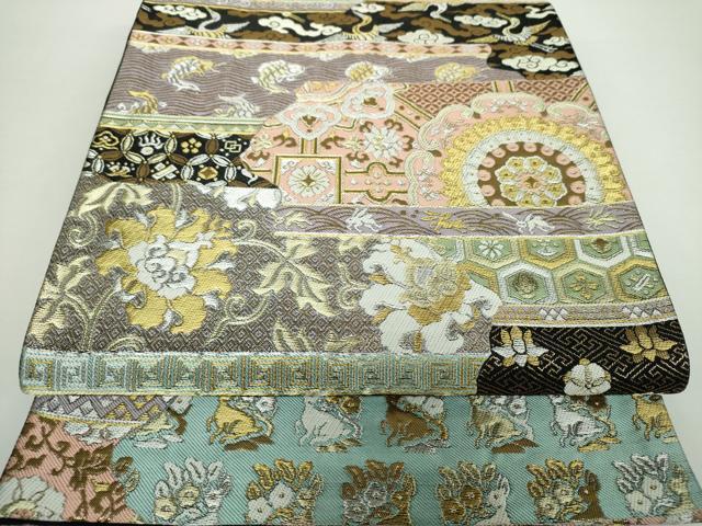 平和屋着物●六通柄袋帯　名物裂花文　花兎　黒地　金銀糸　正絹　逸品　DAAX4838ps