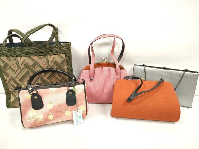 平和屋着物▼和装小物 バッグまとめて5点 がま口 ミニバッグ トートバッグ 行儀・柑橘柄・籠目 ちりめん 逸品 DABA7961zzz
