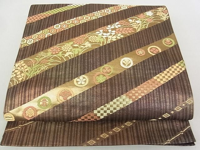 平和屋着物◎六通太鼓柄袋帯 斜線花文 金糸 逸品 DAAD8212cm