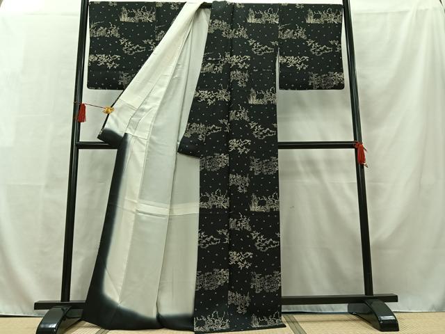 平和屋着物■上質な小紋　草花文　黒地　正絹　逸品　AAAR5812jh