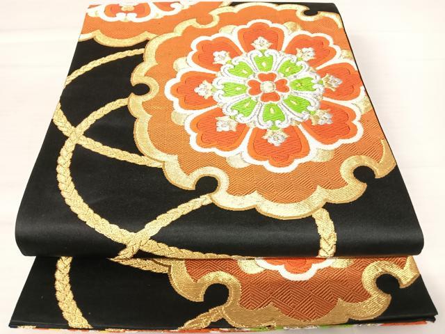 平和屋着物◎六通柄袋帯　唐織　正倉院花文　黒地　金銀糸　正絹　逸品　AABA9074yx
