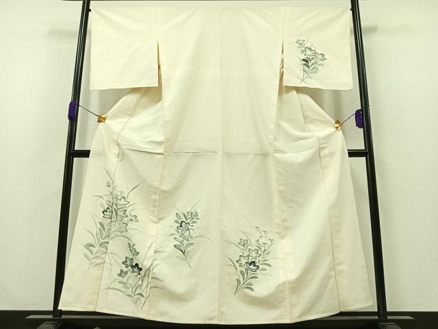 平和屋着物▽訪問着　単衣　紬地　手描き　草花文　正絹　逸品　AABB1421jh