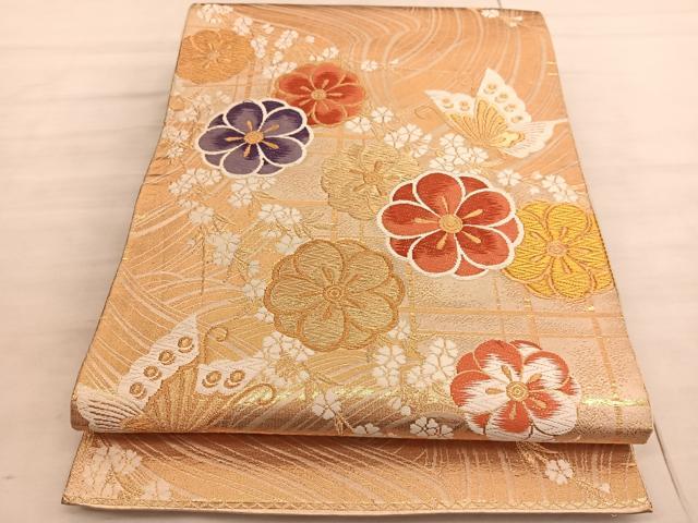平和屋着物◎六通柄袋帯　唐織　花蝶文　金糸　正絹　逸品　BAAV5736hv