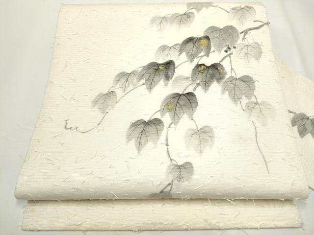 平和屋着物●九寸名古屋帯　作家物　手描き　髭紬　蔦の葉文　金彩　正絹　逸品　CAAY9608hy