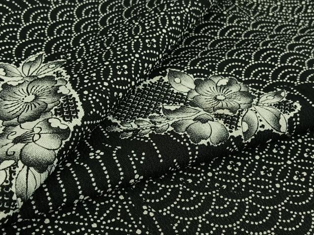 平和屋着物▽小紋　単衣　辻が花　黒地　洗える着物　AABG0260jh