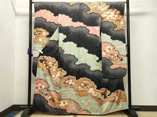 平和屋着物●豪華振袖 駒刺繍 雲重ね扇面花文 黒地 金彩 正絹 逸品 CABB0082gh