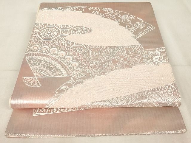 平和屋着物◎六通柄袋帯　正倉院扇面花文　銀糸　正絹　逸品　AAAK4308Aex