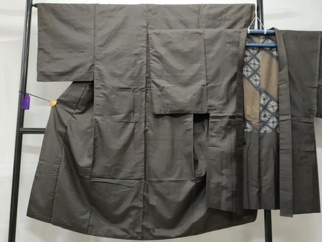 平和屋着物■男性　紬　アンサンブル　格子柄　正絹　逸品　CABC3769fb