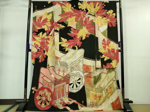 平和屋着物■極上 アンティーク 大正ロマン 振袖 駒刺繍 御所車 黒地 金彩 逸品 DZAA7077kh5 平和屋着物■極上 アンティーク 大正ロマン 振袖 駒刺繍 御所車 黒地 金彩 逸品 DZAA7077kh5