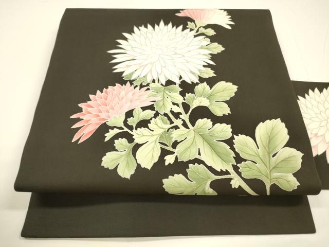 平和屋着物●九寸名古屋帯 作家物 草花文 黒地 金彩 正絹 逸品 DAAY8035cm