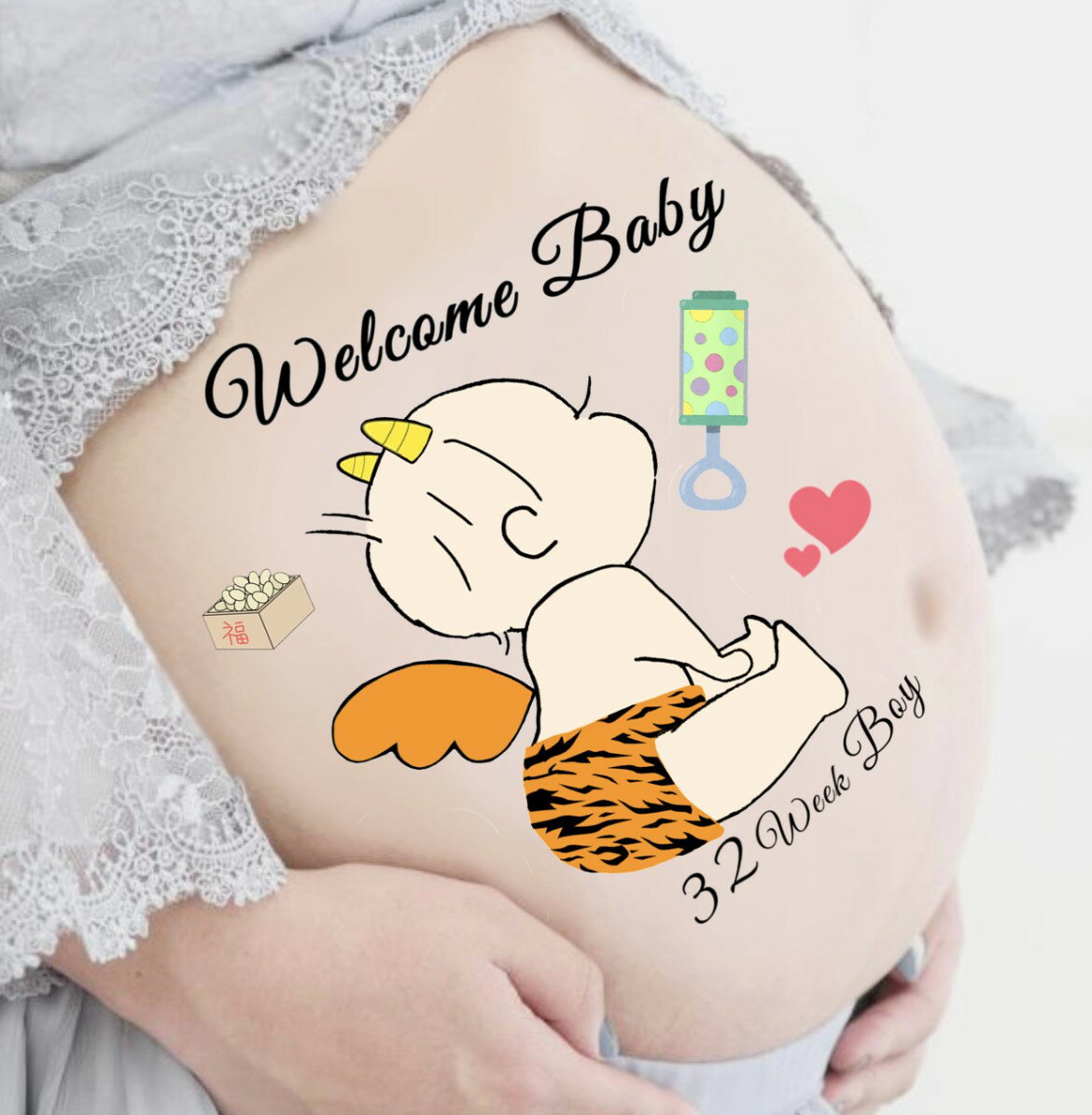 マタニティシール マタニティーシール マタニティフォトシール マタニティペイントシール マタニティーフォト シール 虎 welcome Baby 出産祝い 送料無料 ペア 家族 タトゥーシール ボディシール HelloBaby シール 女の子 男の子 2月 節分 かわいい 鬼 公式 贈りもの 思い出