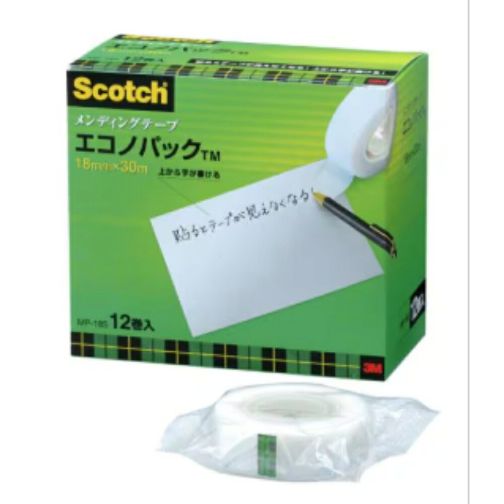 商品名 Scotch メンディングテープ エコノパック （30m巻 巻芯径25mm） 品番 MP-18S 仕様 ●アセテート・フィルムを採用したハイクオリティなテープです。 ●貼るとテープはほとんど見えなくなり、上質な仕上げ感です。 ●表面はつや消し加工され、光らず自然で、コピーをとってもほとんど影が出ません。 ●湿気や紫外線に強く、セロハンテープに比べ、変質・変色しにくくなっています。 ●テープの上から文字が書けます。 ●紙箱入り ●小巻 サイズ 【テープ】 幅18mm×長さ30m 巻芯径：25mm テープ厚：0.058mm 【パッケージ】 縦123×横70×奥行136mm 材質 基材：アセテートフィルム マットフィニッシュ（つや消し加工） 粘着剤：特殊アクリル系粘着剤 入数 12巻 環境対応マーク 汚染物質削減 大気中に蒸発する有機溶剤や、焼却時に有毒ガスを発生する物質などを、製造工程や材料から排除・削減している製品です。 バイオマスマーク （社）日本有機資源協会認定商品 再生可能な生物由来の有機性資源（化石資源を除く）を使っております。 GPNエコ商品ねっと掲載品・グリーンマーク メーカー名 住友スリーエム ●『エコノパック 小巻 （12mm×30m） MP-12S』はこちらをご覧下さい。