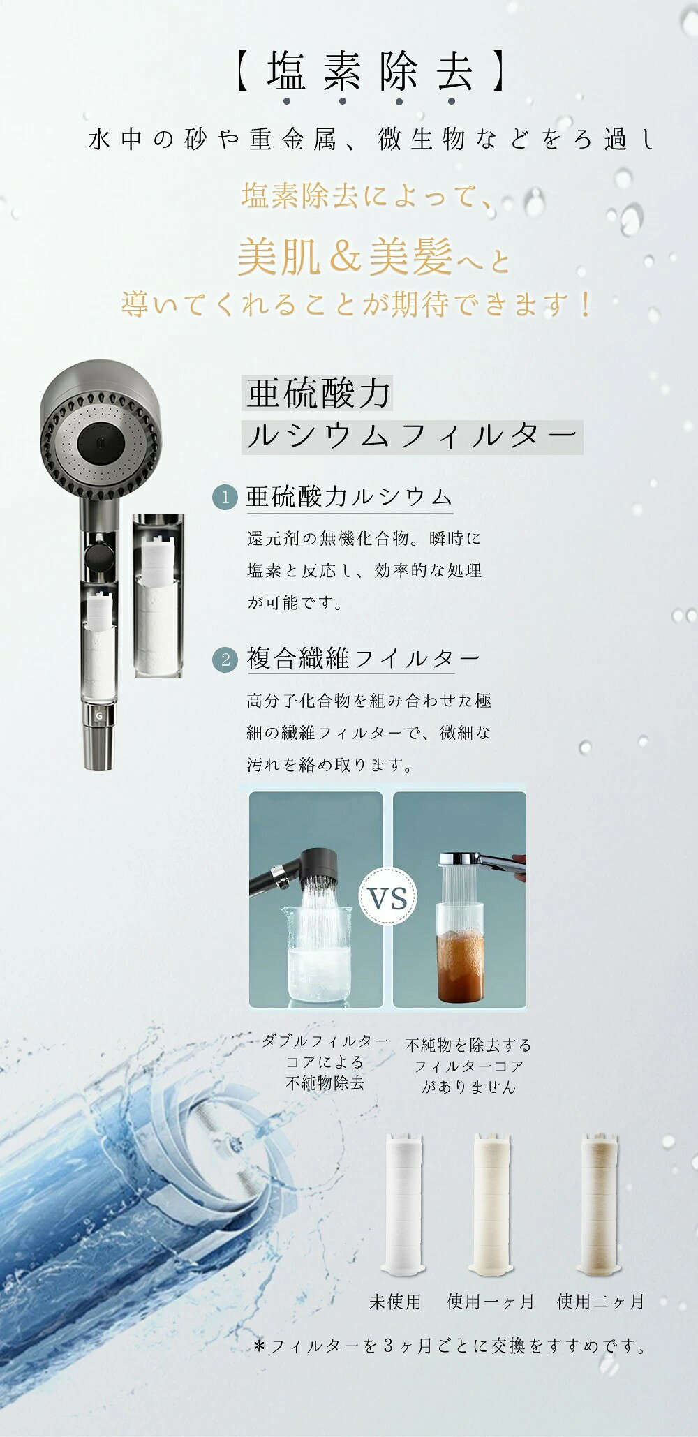 hello case 楽天市場店の【塩素カットで肌守る】シャワーヘッド フィルター 塩素除去 頭皮ケア 浄水フィルター シャワーヘッド用 交換品 交換用カートリッジ 消臭 浄水機能 重金属除去 不純物除去 水質改善 節水設計 簡単に交換用 シャワーヘッドアクセサリー 交換用フィルター 2本セット (6ヵ月分)｜アングル3