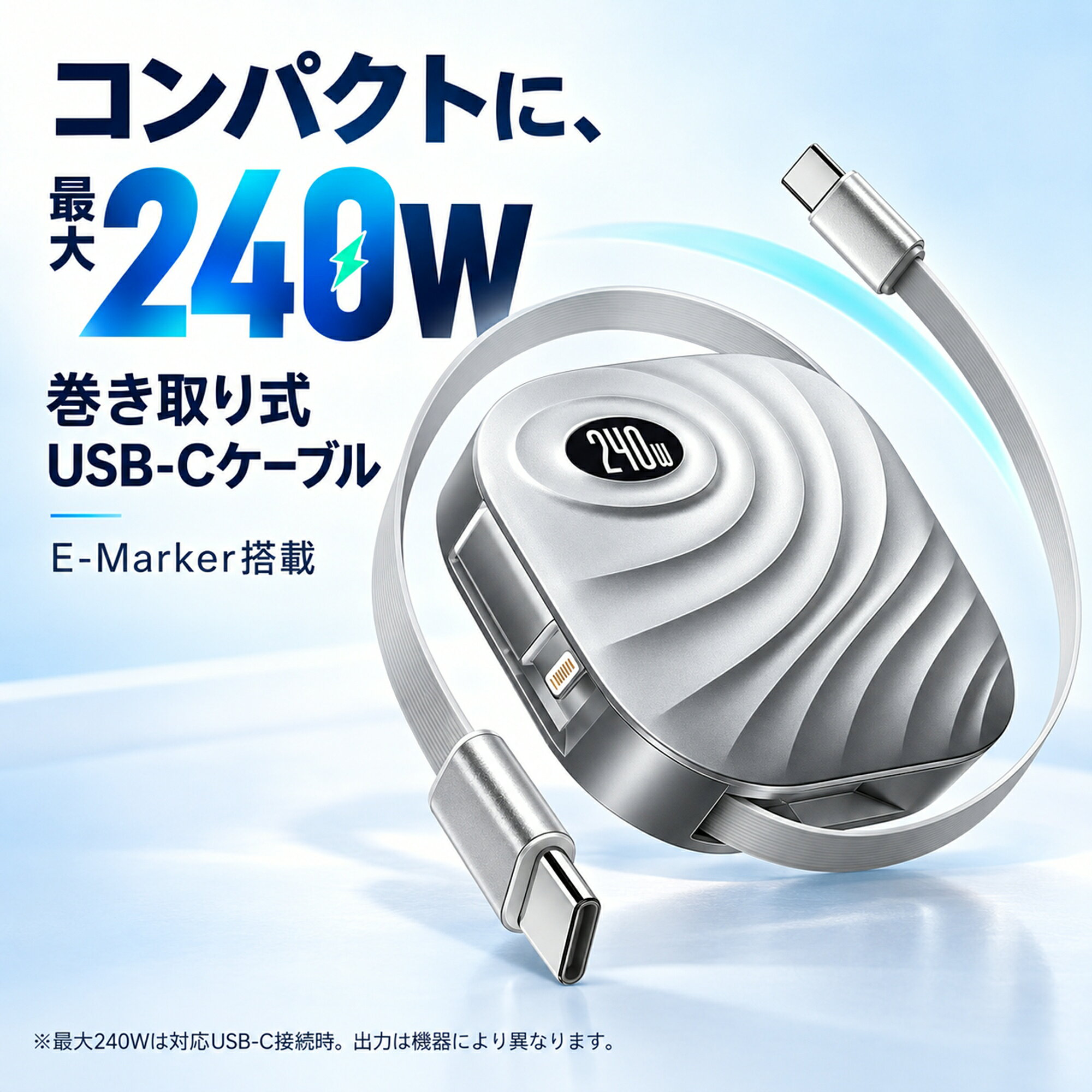 【カフェへ持参する充電線】 iPhone 18 Pro 充電ケーブル C to C接続タイプ リール式の配線収納 C-C線最大240W対応 ライトニング用アダプター同梱 学習端末の接続用 対応電源でPPS充電 宿泊用の持参品 E-Marker内蔵 通勤時の充電準備 iPhone18 Pro Max アイフォン17対応 hellocase-10003088 hello case 楽天市場店 パッケージ画像