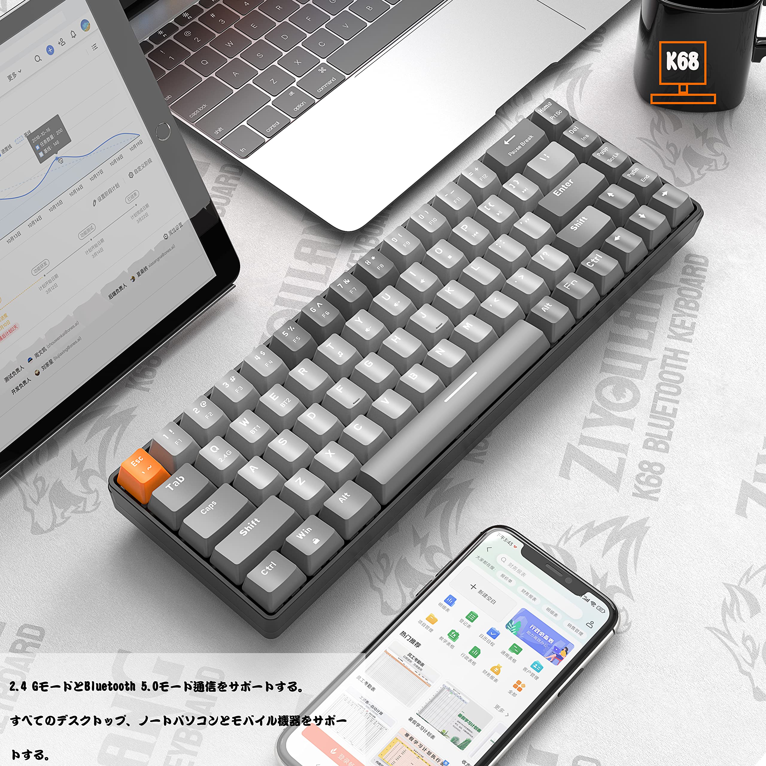 MAGIC-REFINER Bluetoothワイヤレス ゲーミングキーボード 無線 小型 赤軸K68キーボード2.4GHZ USB接続 テンキーレス Windows Mac iPad iOS Android Surface PS4 Switch 対応 在宅勤務 日本語説明書(スペースグレー 赤軸)