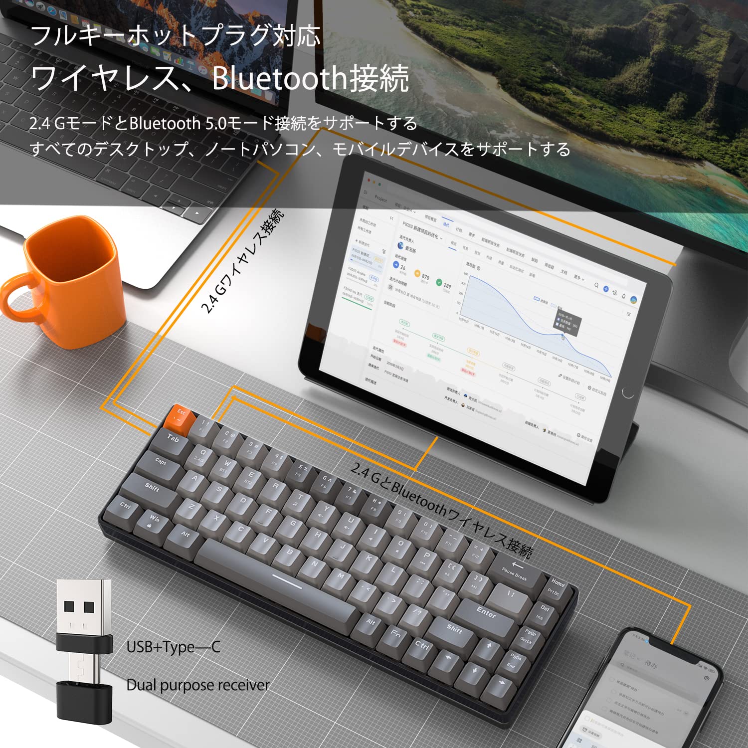 MAGIC-REFINER Bluetoothワイヤレス ゲーミングキーボード 無線 小型 赤軸K68キーボード2.4GHZ USB接続 テンキーレス Windows Mac iPad iOS Android Surface PS4 Switch 対応 在宅勤務 日本語説明書(スペースグレー 赤軸)