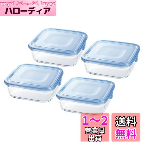 iwaki(イワキ) 耐熱ガラス 保存容器 アクアブルー 角型 M 800ml ×4個セット パック&レンジ KBC3247BLN