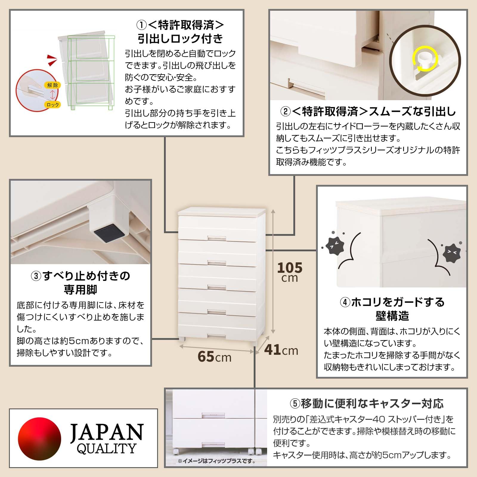 天馬(Tenma) 使いやすさを追求したお部屋になじむチェスト 日本製 完成品 フィッツプラスイージー 5段 特許取得済 引出しロック付きで抜け落ちを防ぐ スムーズな引出し 脚付き 木製天板 インテリアに合うリビングチェスト タンス 収納ケース 衣装ケース プラスチック 【