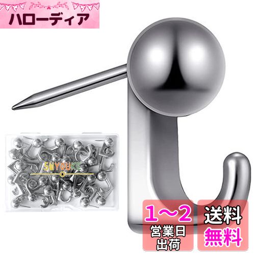 5WYOUKE【30個入】 石膏ボード フック 画鋲 フック ピンフック 耐荷重約5kg 壁 傷つけない おしゃれ シルバー ミニ 目立たない 押しピン 賃貸 絵画 額縁 時計 カレンダー 飾り用 壁掛け フック 石膏ボード ベニヤ板 木用 フック 収納ケース 付き