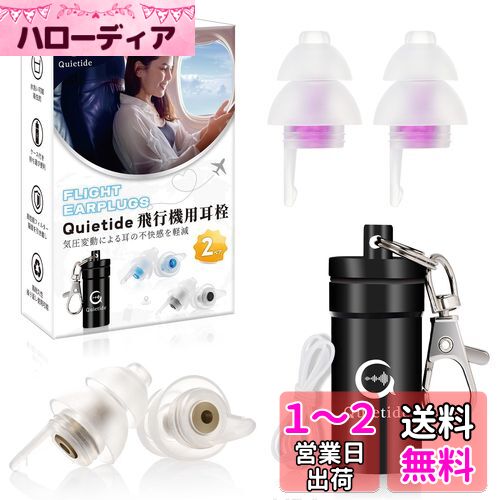 耳栓 飛行機 Quietide 飛行機用耳栓 気圧調整 耳せん 聴覚障害予防 イヤープラグ 飛行機 電車 睡眠 仕事 水洗い可能 繰り返し使用可能 携帯ケース付き 日本語説明書付 Q19 ゴールドと紫