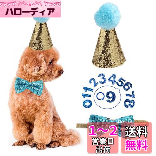 ペット用帽子 蝶ネクタイ 2点セット 猫 犬 誕生日帽子 数字付き キラキラ かわいい コスチューム 誕生日グッズ 誕生日 記念日 お祝い パーティー 写真撮影 (ブルー)