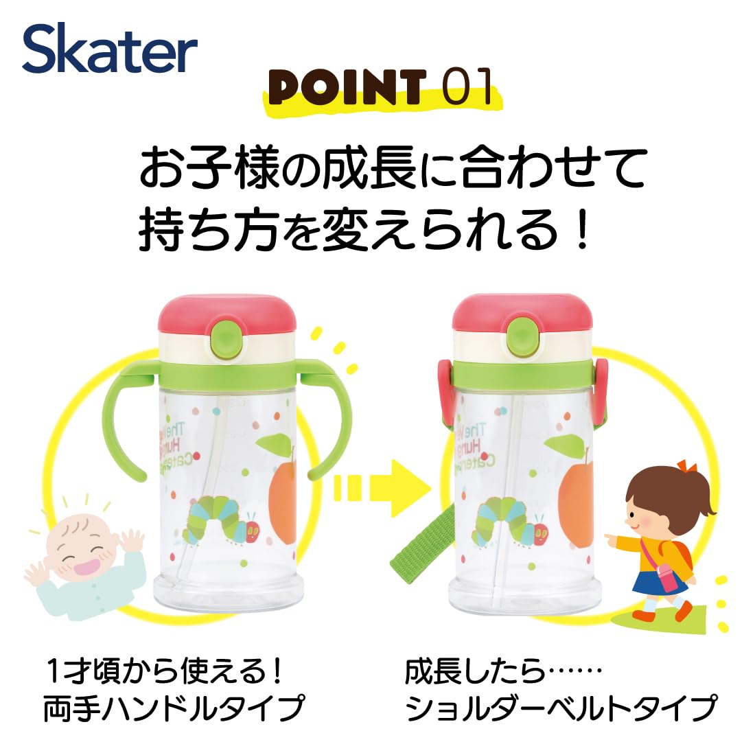 スケーター(Skater) ベビー用 ストローマグ 折りたたみハンドル&ショルダー式 2WAYタイプ 370ml はらぺこあおむし 対象年齢1才頃から KSHW2N-A