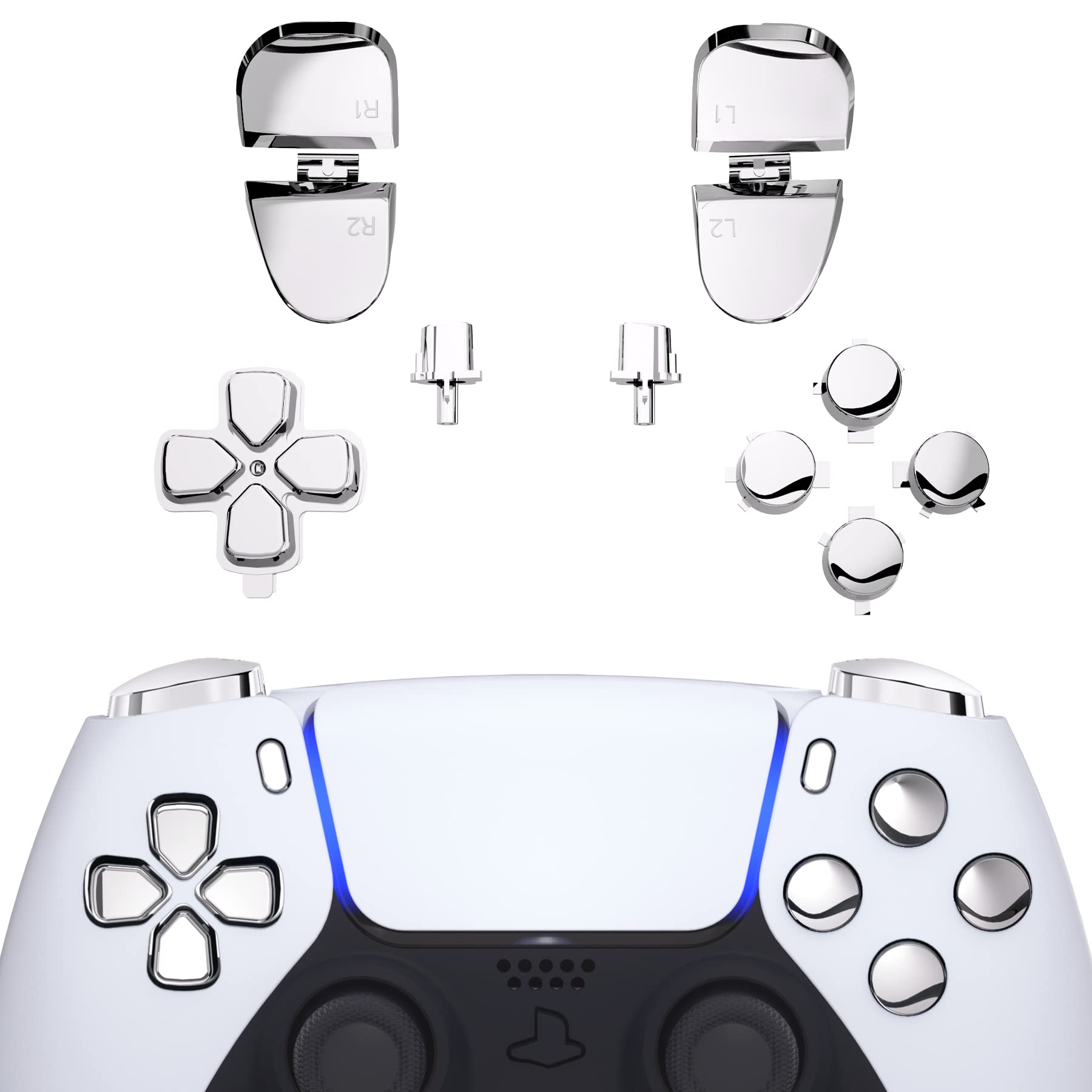 eXtremeRate ps5コントローラー(BDM-030&BDM-040&BDM-050)に対応用取り替える十字キーR1L1R2L2トリガーシェアオプションフェイスボタン、クロムps5コントローラー(BDM-030&BDM-040&BDM-050)に対応用フルセットボタン-コントローラーが含まれていません【クロムシルバー】