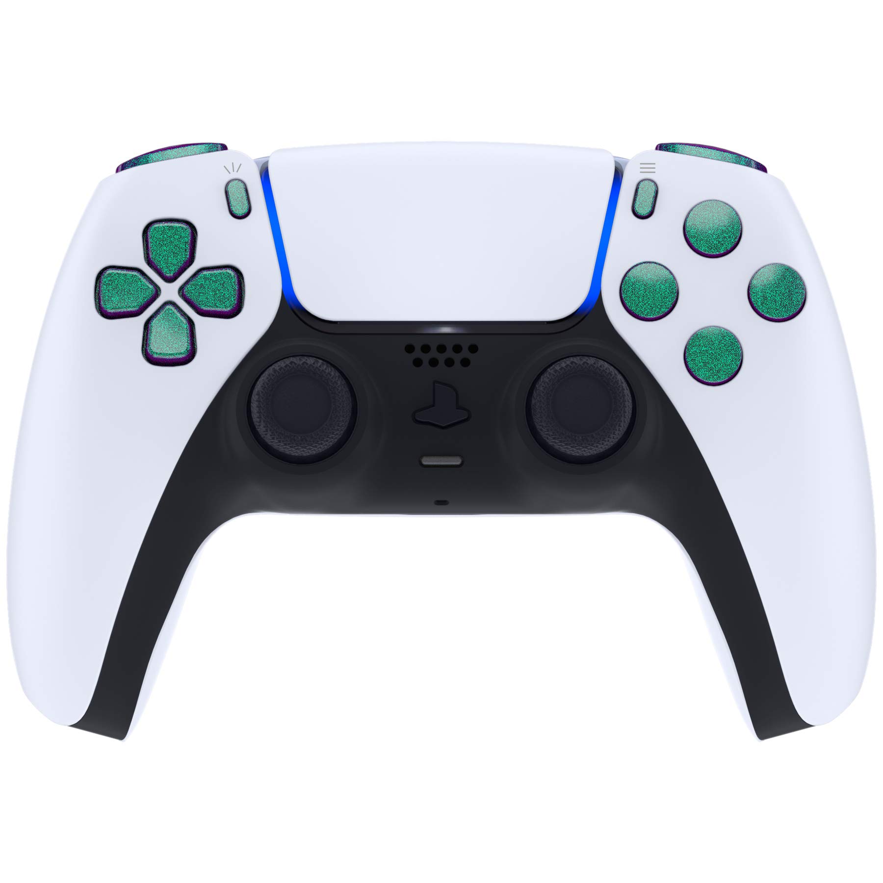 eXtremeRate ps5コントローラーに(BDM-010&020)対応用取り替える十字キーR1L1R2L2トリガーシェアオプションフェイスボタンカメロンデザイン、プレイステーション5コントローラーに対応用フルセットボタン-コントローラーが含まれていません【グリーンパープルカメレオン