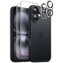 JETech 5 in 1 iPhone 16 6.1インチ用 マットケース 2枚強化ガラスフィルム+2枚カメラレンズフィルム付き 5枚セット 半透明背面 耐衝撃スマホカバー (ブラック)(2)