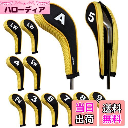 【送料無料】Andux 番手プリント ゴルフ アイアンカバー ファスナー付き ロングネック 12個/セット (ブラック+イエロー)