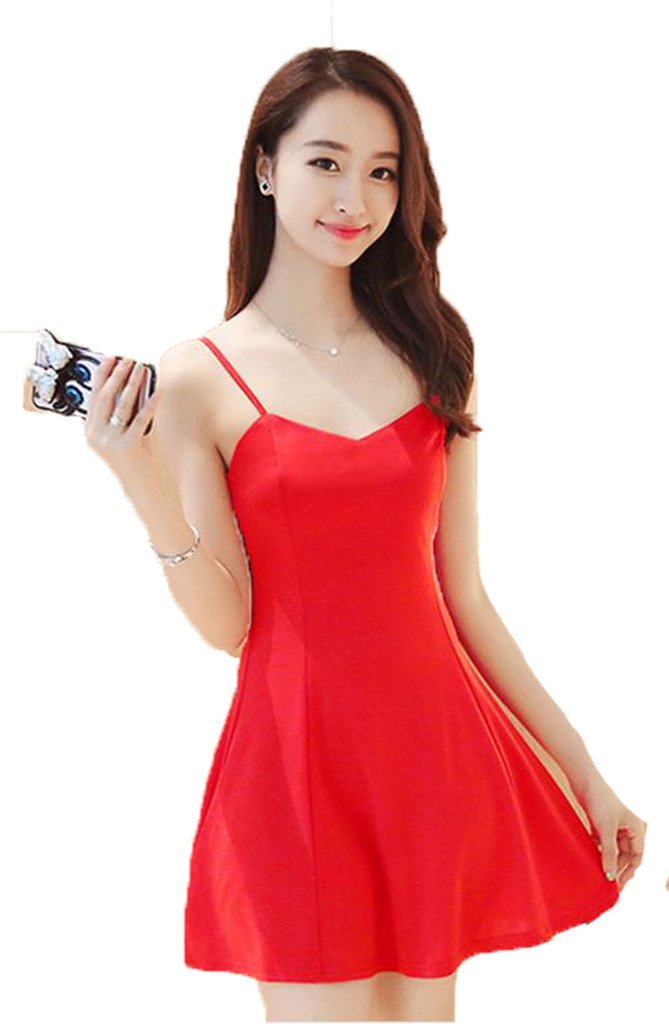 【送料無料】 レディース ワンピース タンクトップ ノースリーブ ミニワンピース ペチコート 修身 夏 Aライン 綿 露背係 キャミソール ドレス 色：レッド、サイズ：XL