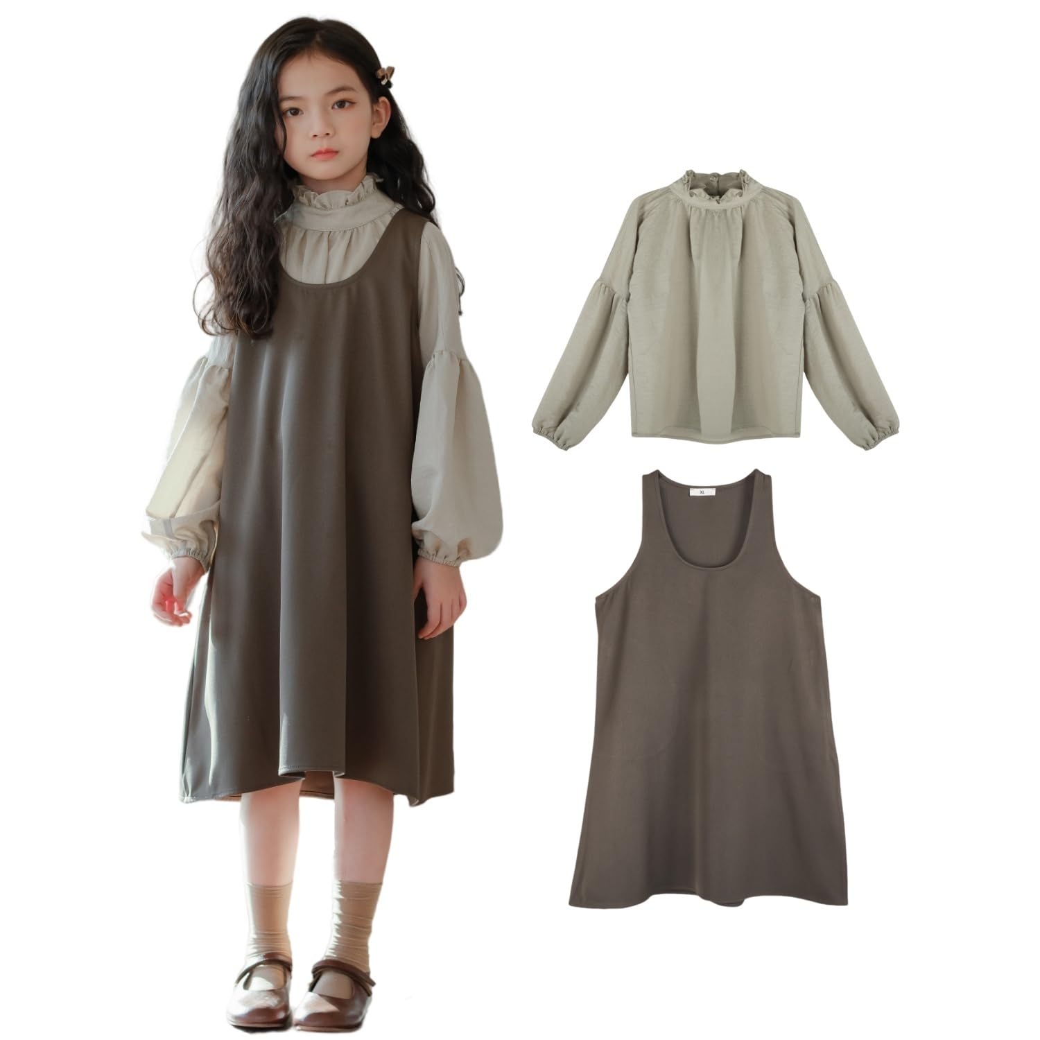 【送料無料】 女の子 服 長袖 ワンピース 2点セット サロペットスカート＋ブラウス 重ね着風 フォーマル 発表会 結婚式 入学式 卒業式 春秋冬 130-165cm 色：鶯色、サイズ：165