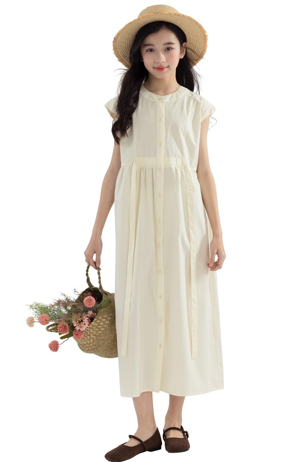 【送料無料】 キッズ サマードレス ロングワンピース 女の子 夏 シャツワンピース 立ち襟 前開き 半袖 ..