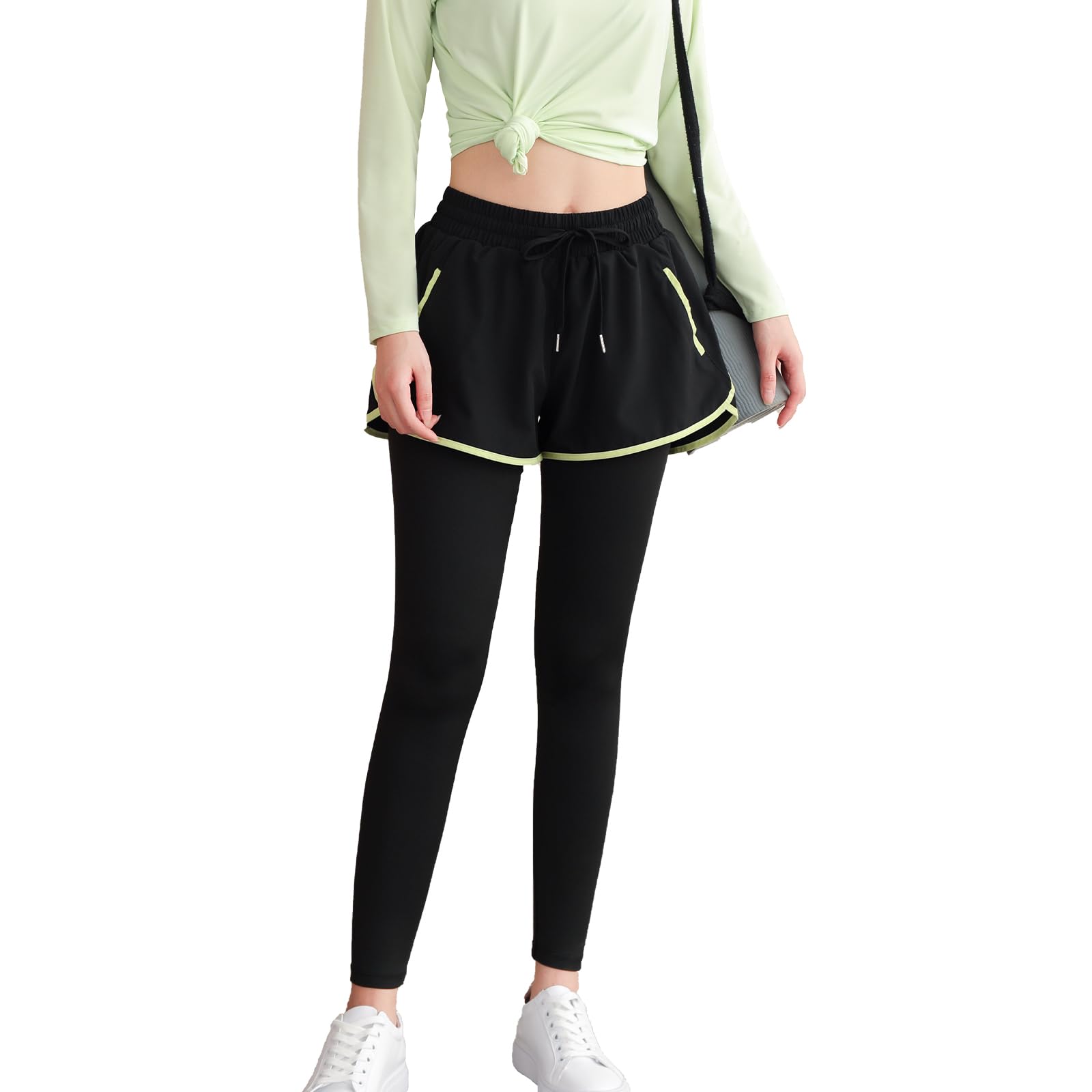 【送料無料】 レディース ヨガパンツ ジョガーパンツ レギンス ハイウエスト｜ポケット付き 通気速乾 ストレッチ｜美脚 トレーニング フィットネス ジム スポーツウェア 色：黒＊グリーン、サイズ：L Regular