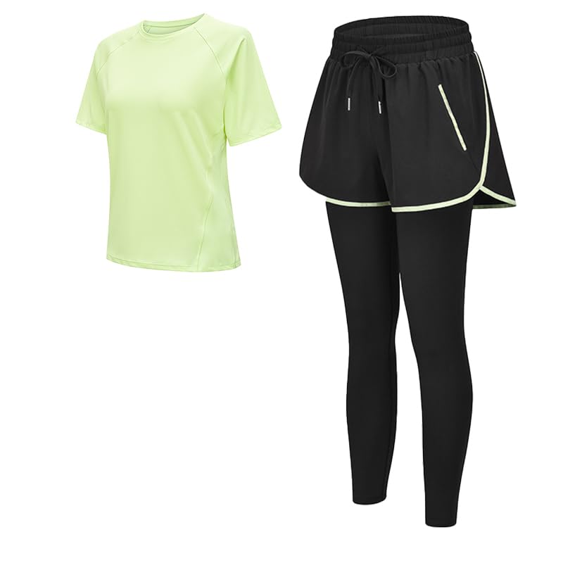 【送料無料】 レディース ヨガパンツ ジョガーパンツ レギンス ハイウエスト｜ポケット付き 通気速乾 ストレッチ｜美脚 トレーニング フィットネス ジム スポーツウェア 色：黒＊グリーン 上下セッ、サイズ：M Regular