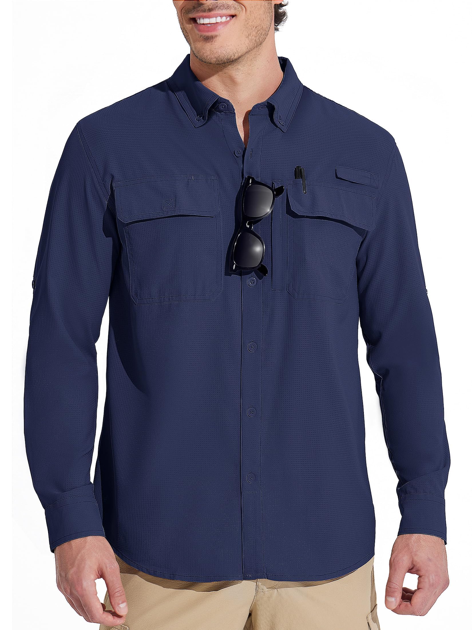 【送料無料】 ミリタリーシャツ メンズ 長袖 登山シャツ UVカット フィッシングシャツ 吸汗速乾 作業着 薄手 釣りシャツ 撥水 通気 アウトドア カジュアル 春秋 色：ネイビー、サイズ：2XL