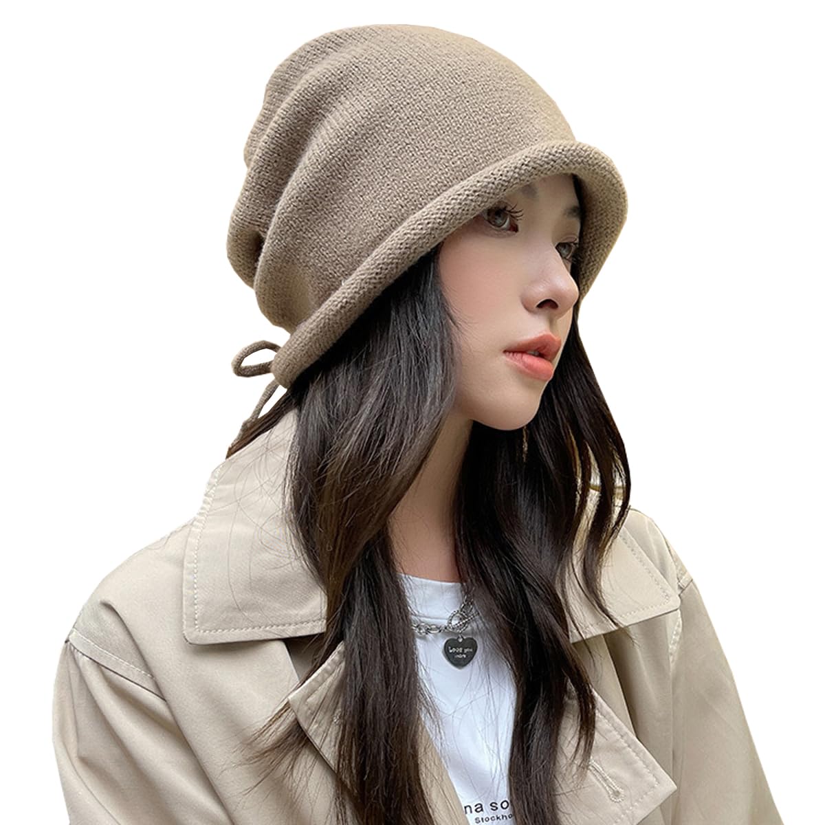 【送料無料】 ニット帽 ニット帽子 レディース 秋冬 【調節ロープ付き・可愛い小顔・耳までまん丸と包む】 軽くて暖かい 大きいサイズ 防寒防風 保温 柔らかい 締め付け感ゼロ リボン 通気 ふんわり 帽子 ケア帽子 ビーニー帽 無地 色：カレー色、サイズ：Free Size