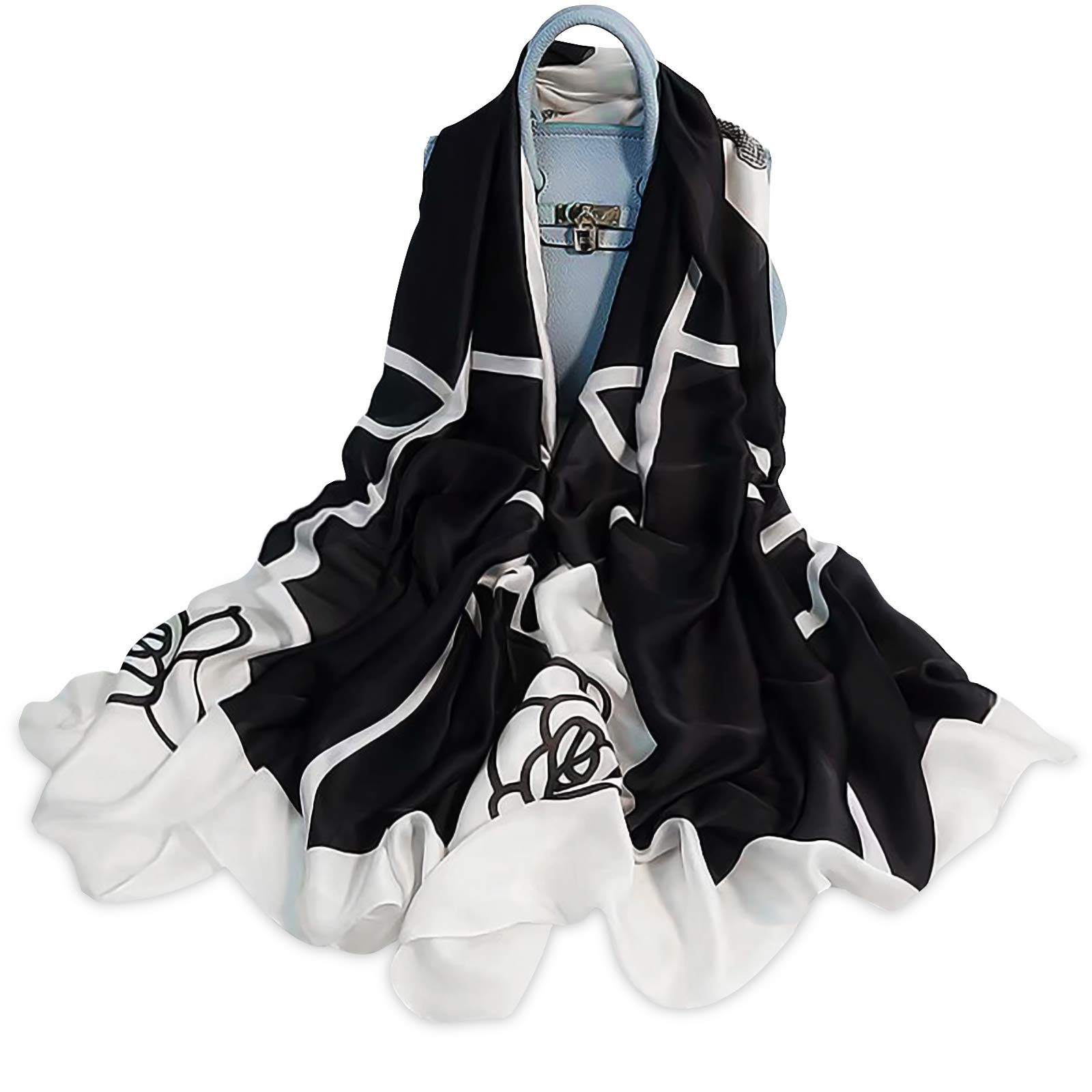 【送料無料】 スカーフシルク レディース 上品 格子柄 チェック 絹マフラー 大判ストール 薄手 日焼け止めショール 海辺 お洒落 春夏秋冬 旅行 通勤用 色：ローズ/ブラック、サイズ：Free Size