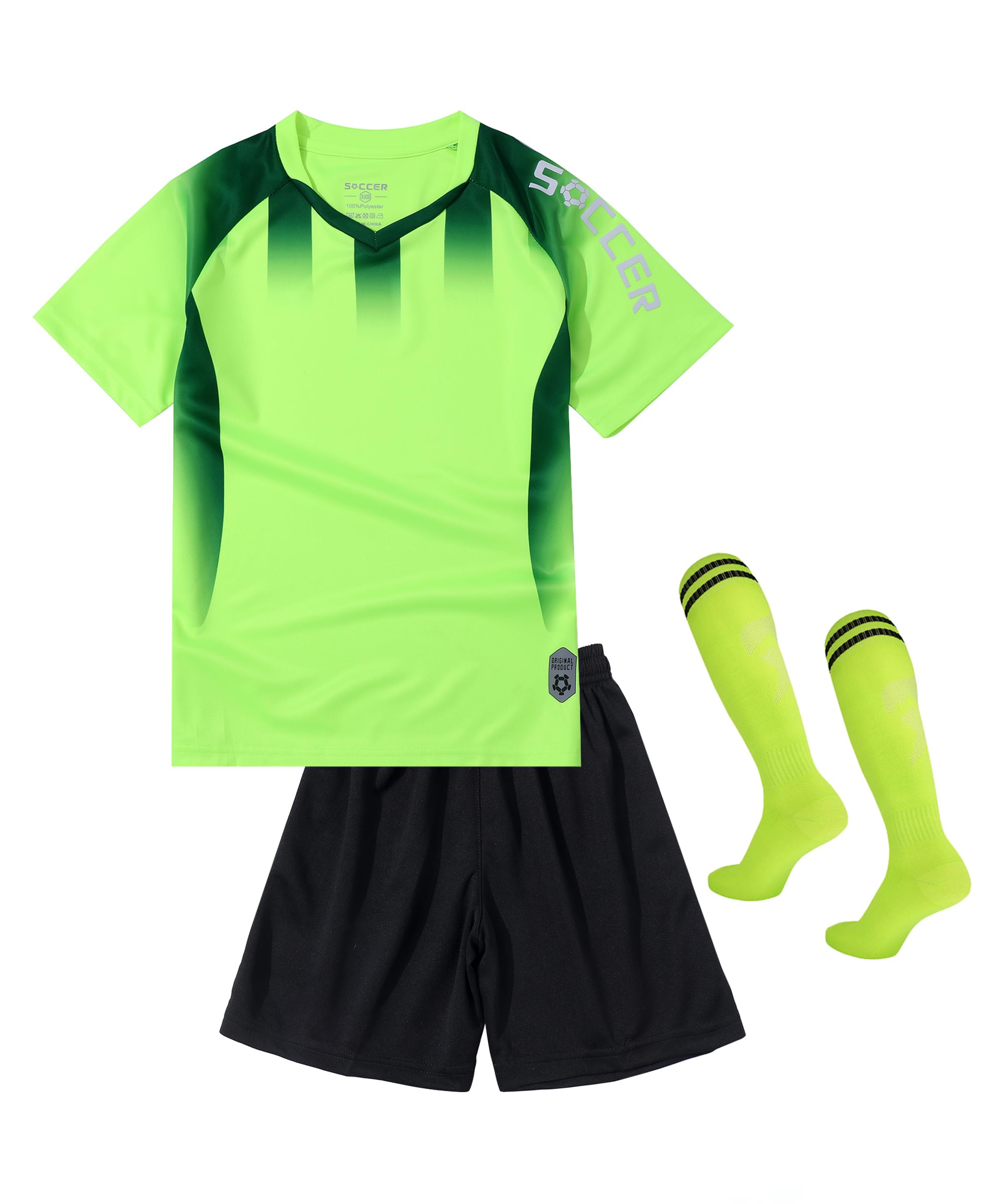 【送料無料】 キッズ サッカーウェア ジャージ 3点セット ソックス付き 子供 プリント 男の子 トレーニング 上下セット 靴下 半袖 ショーツ パンツ 通気 速乾 英字 色：グリーン1、サイズ：160