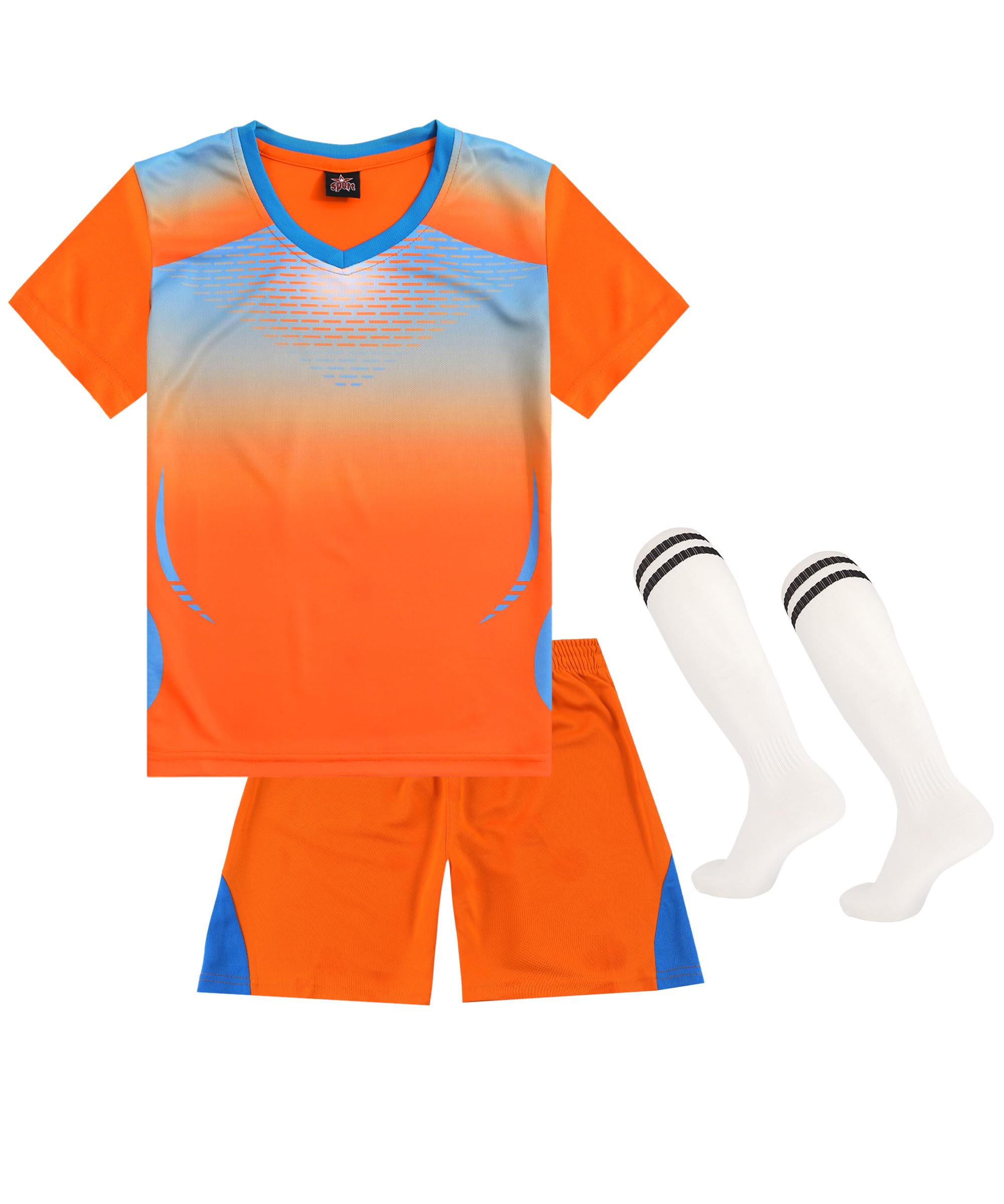 【送料無料】 キッズ サッカーウェア ジャージ 3点セット ソックス付き 子供 プリント 男の子 トレーニング 上下セット 靴下 半袖 ショーツ パンツ 通気 速乾 英字 色：オレンジ、サイズ：150