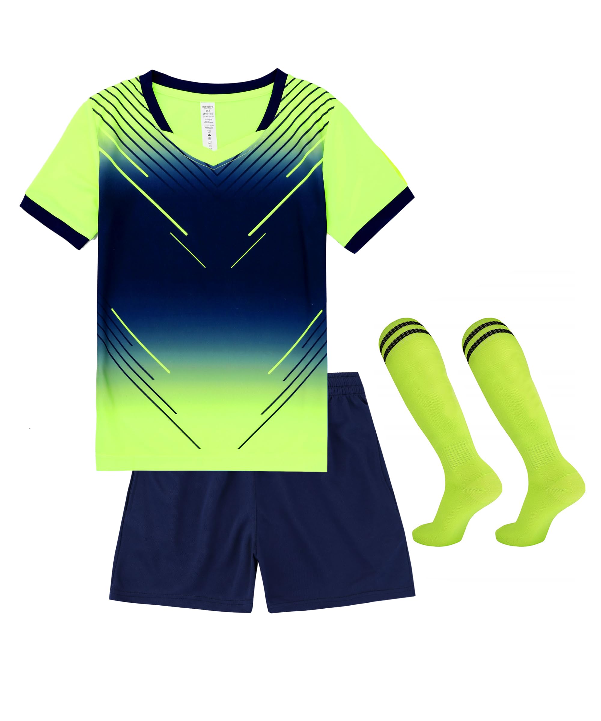 【送料無料】 キッズ サッカーウェア ジャージ 3点セット ソックス付き 子供 プリント 男の子 トレーニング 上下セット 靴下 半袖 ショーツ パンツ 通気 速乾 英字 色：ライトグリーン、サイズ：160