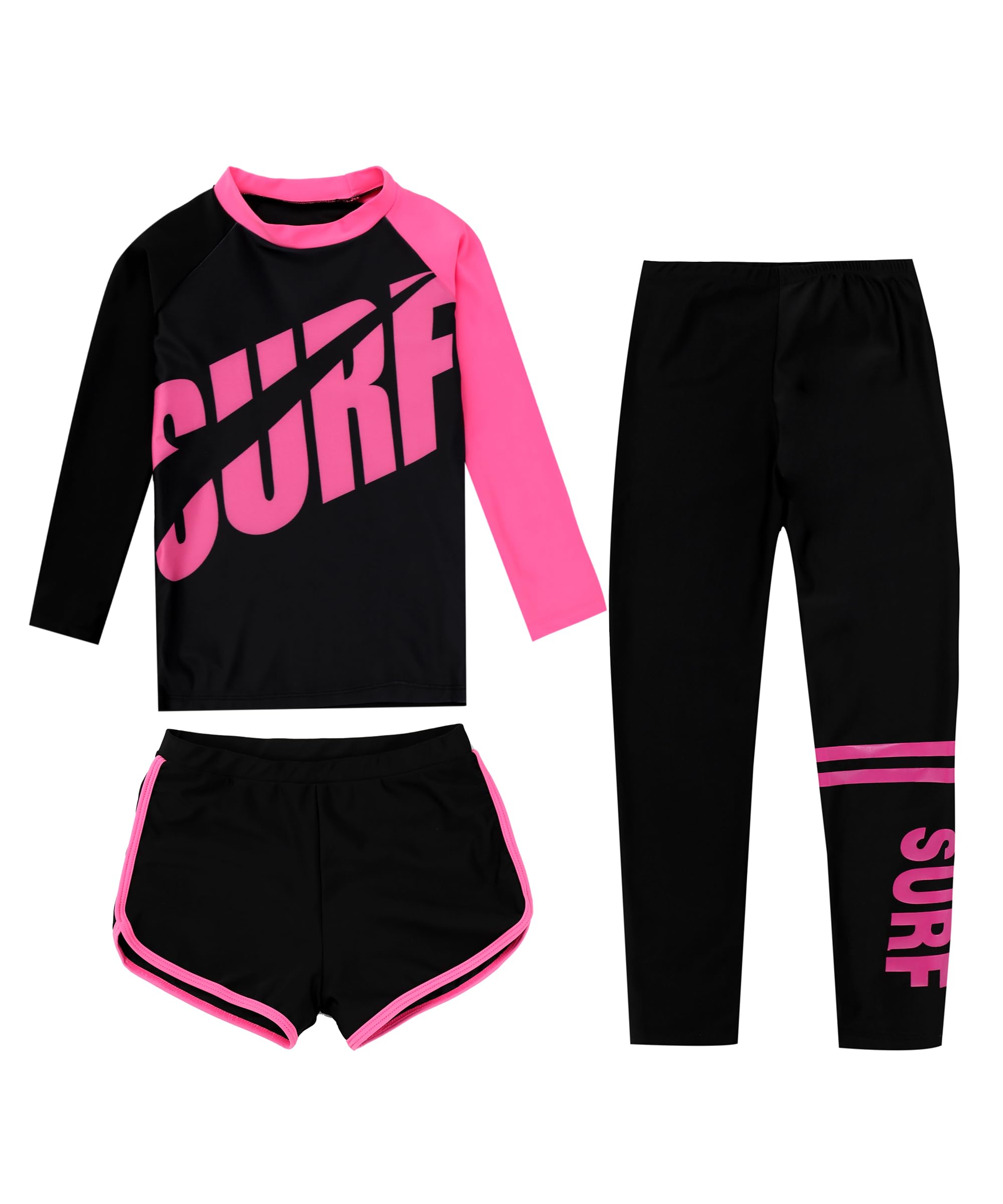 【送料無料】 キッズ 水着 上下3点セット 長袖ラッシュガード +レギンス＋ショートパンツ 女の子 男の..