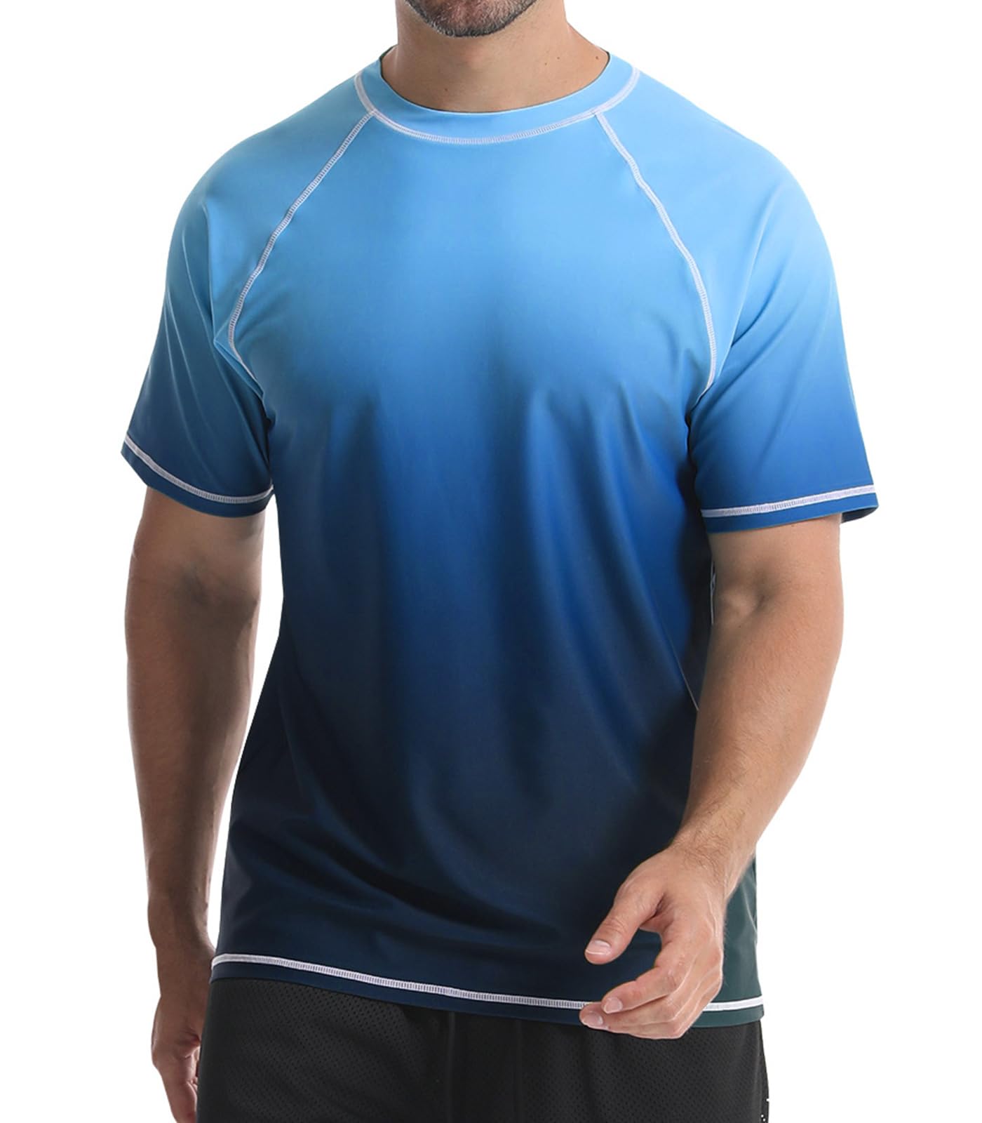 【送料無料】 ラッシュガード 半袖 メンズ 水着 夏 UVカット 接触冷感 スイムウェア スポーツ シャツ スイム 水陸両用 大きいサイズ マリンスポーツ 吸汗速乾 UPF50+ 色：スカイブルー グラデーション、サイズ：M
