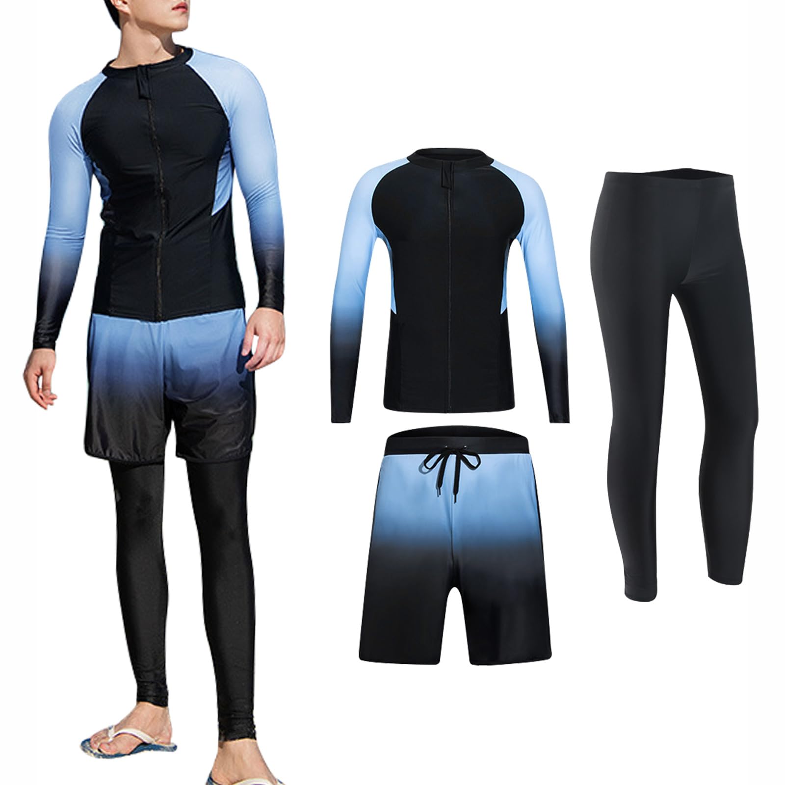 【送料無料】 ラッシュガード メンズ 水着 長袖 前開き フィットネス水着 サーフパンツ レギンス 3点セット UVカット 接触冷感 UPF50+ スイムウェア 水泳 水陸両用 温泉 吸汗速乾 色：ブルー、サイズ：3XL