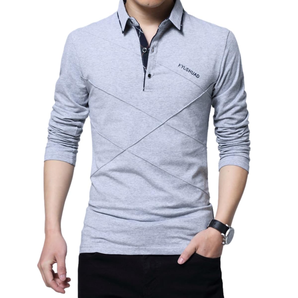【送料無料】 ポロシャツ メンズ 長袖 襟付き トップス おしゃれ 大人 無地 ビジネス カジュアル ゴルフウェア 大きいサイズ 着心地 快適 色：ライトグレー、サイズ：4XL