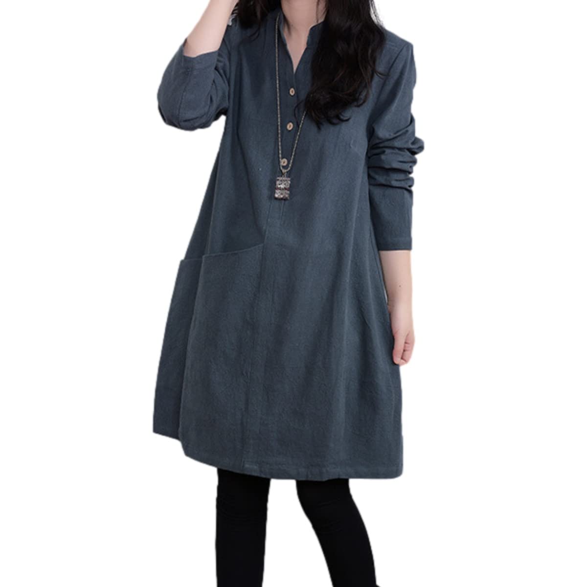 【送料無料】 レディース チュニック おしゃれ シャツ ブラウス 長袖 膝丈 ワンピース スキッパー かわいい カジュアル トップス 秋 冬 夏 色：グリーン、サイズ：L