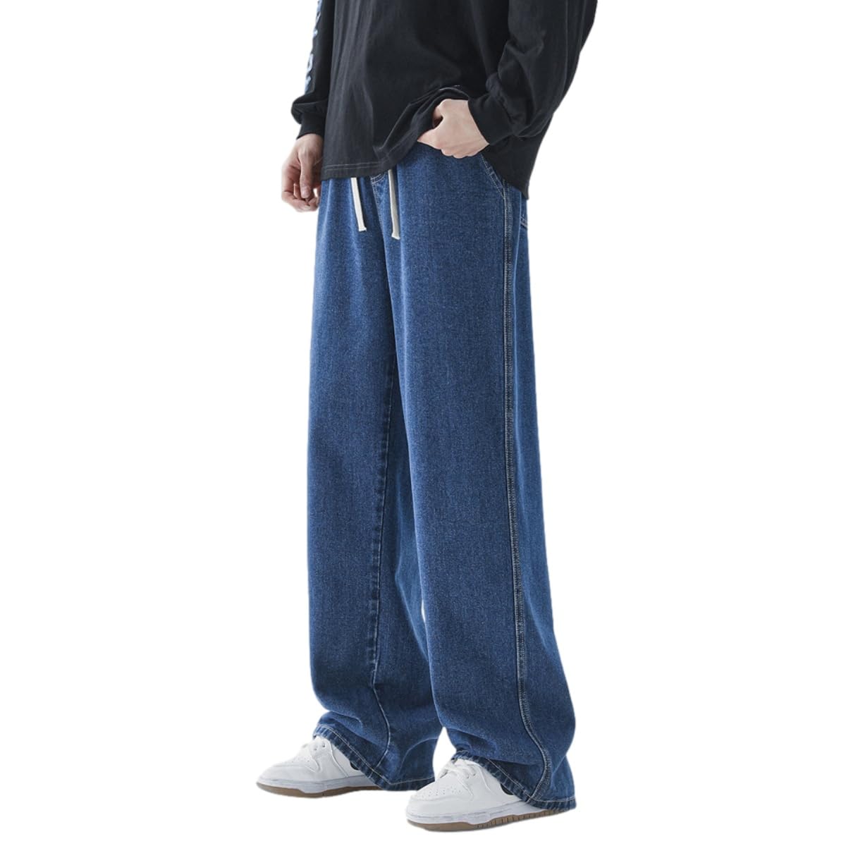 【送料無料】 メンズ デニムパンツ お洒落 ジーンズ 無地 パンツ 調整紐 ロングパンツ ワイドパンツ ウエストゴム ズボン 履き心地 ゆったり 色：ブルー、サイズ：2XL